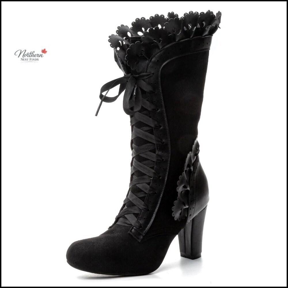 Victorian Boots Vintage Bow Ruffles Lace Up Mid Calf
